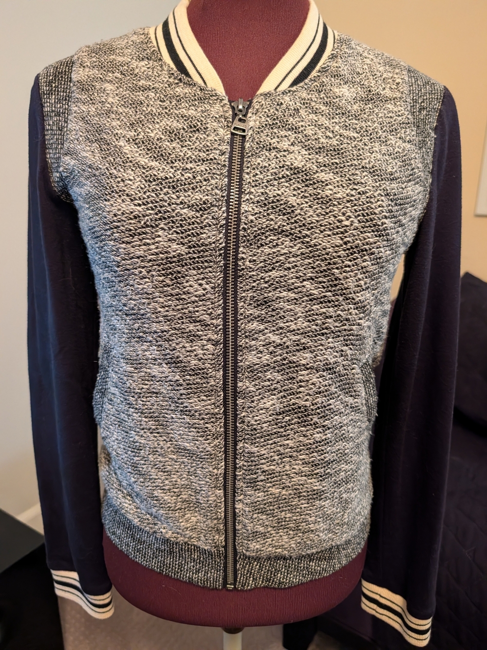 Splendid Knit Bomber Sweater with Black Sleeves